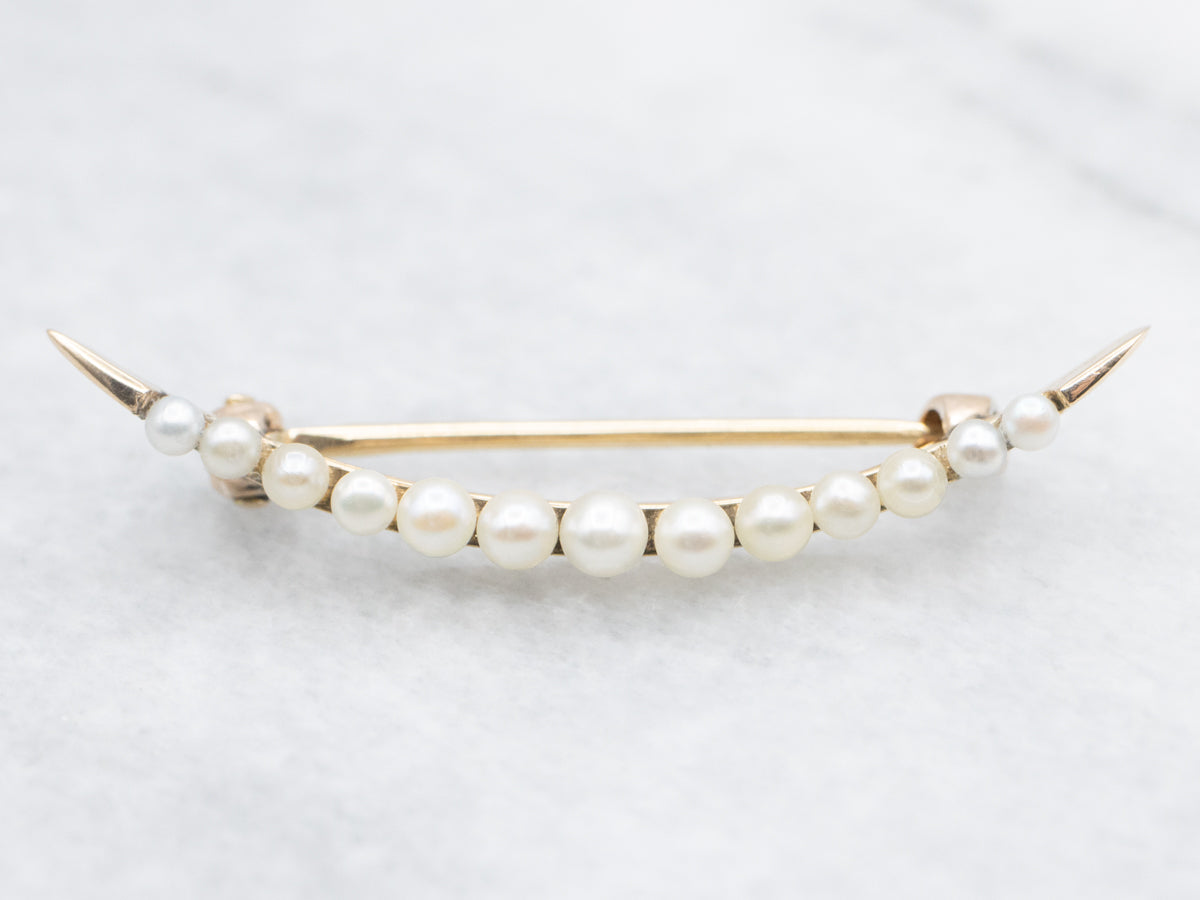 Antique Gold Seed Pearl Crescent Moon Pin
