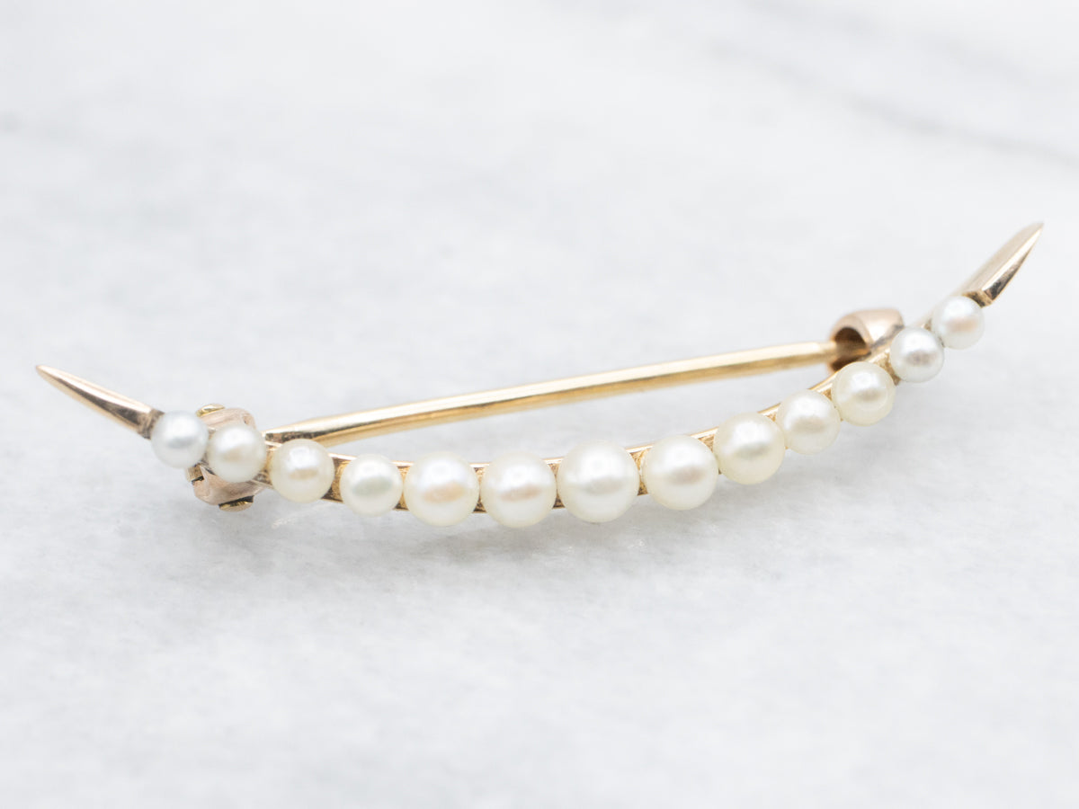 Antique Gold Seed Pearl Crescent Moon Pin