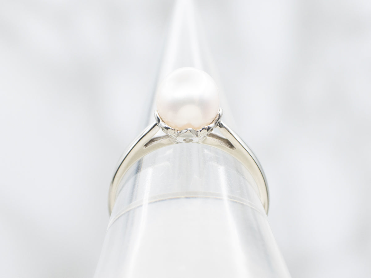 Pink Luster Pearl Solitaire Ring in White Gold