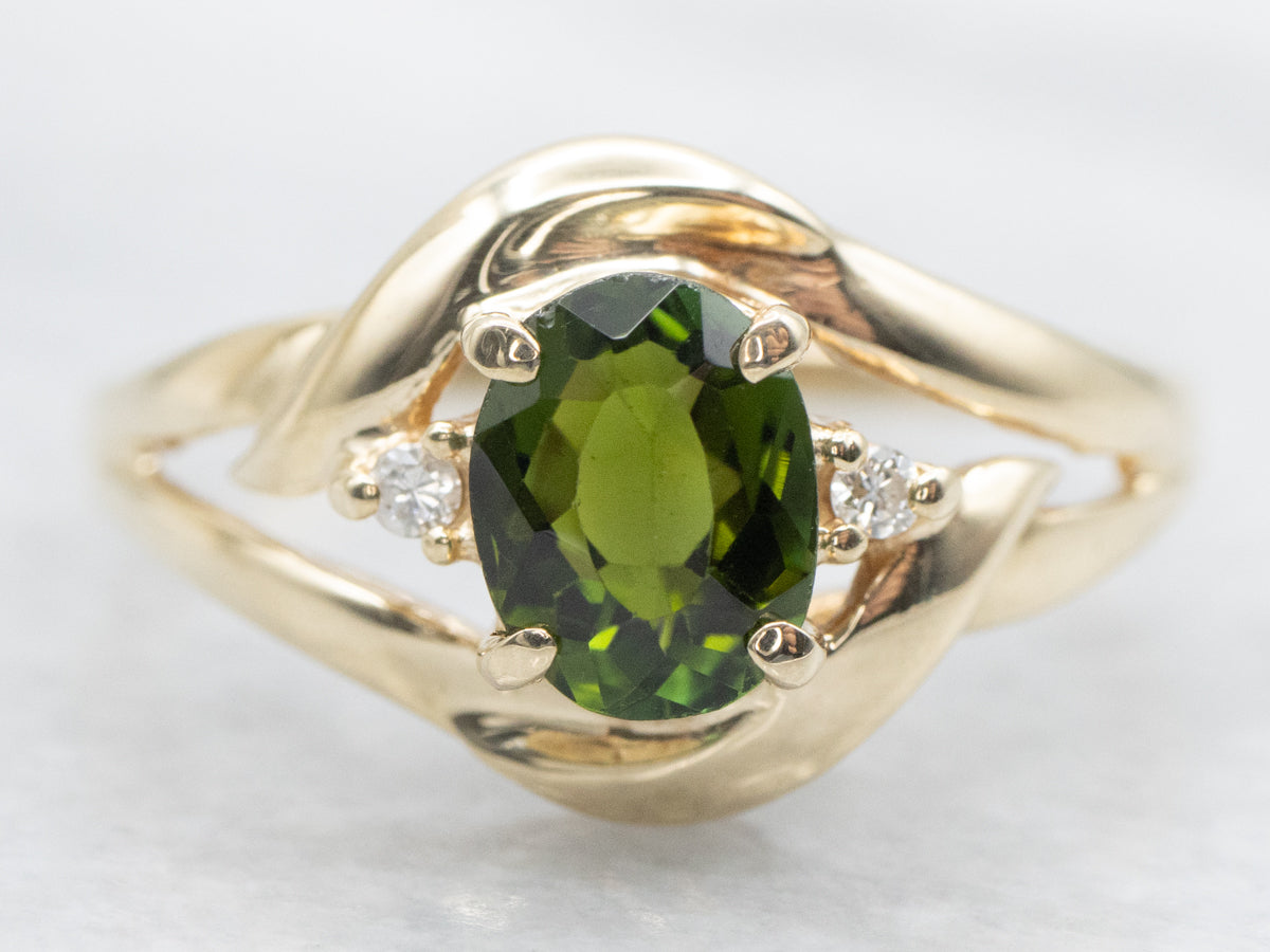 Green Tourmaline and Diamond Gold Ring