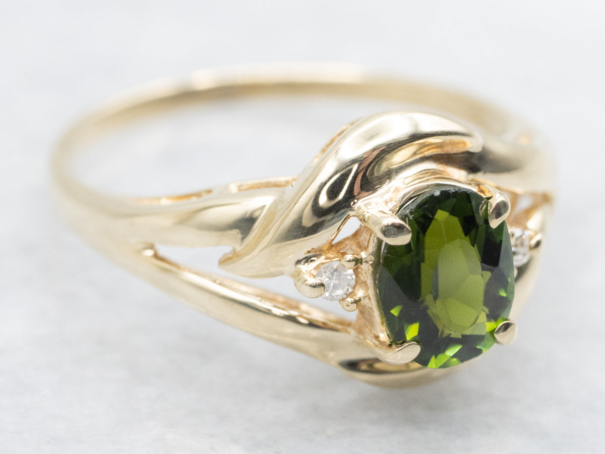 Green Tourmaline and Diamond Gold Ring