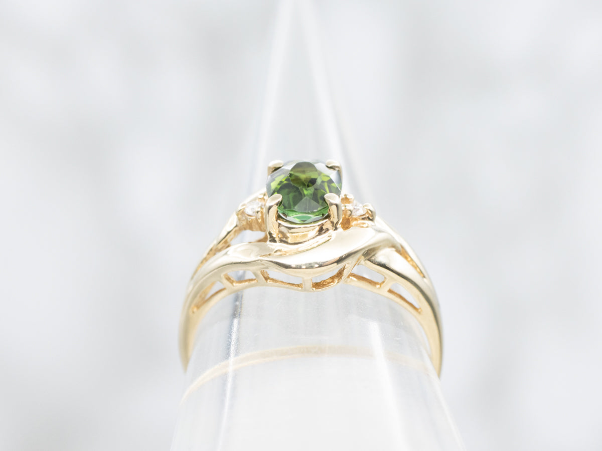 Green Tourmaline and Diamond Gold Ring