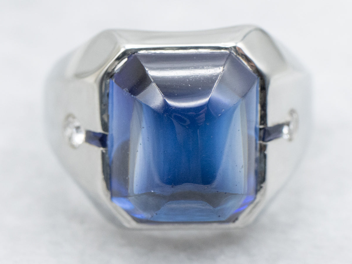 Modernist Synthetic Sapphire and Diamond Ring