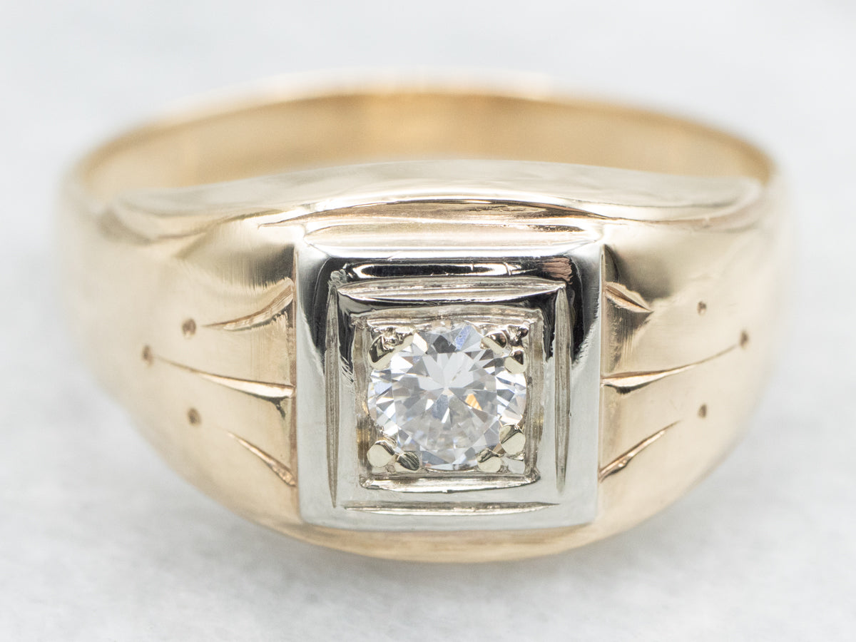 Men's Mid-Century European Cut Diamond Solitaire Ring