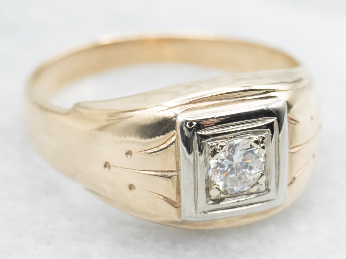 Men's Mid-Century European Cut Diamond Solitaire Ring