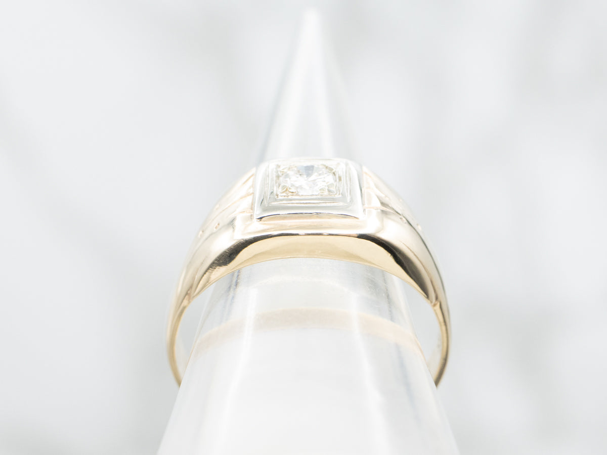 Men's Mid-Century European Cut Diamond Solitaire Ring