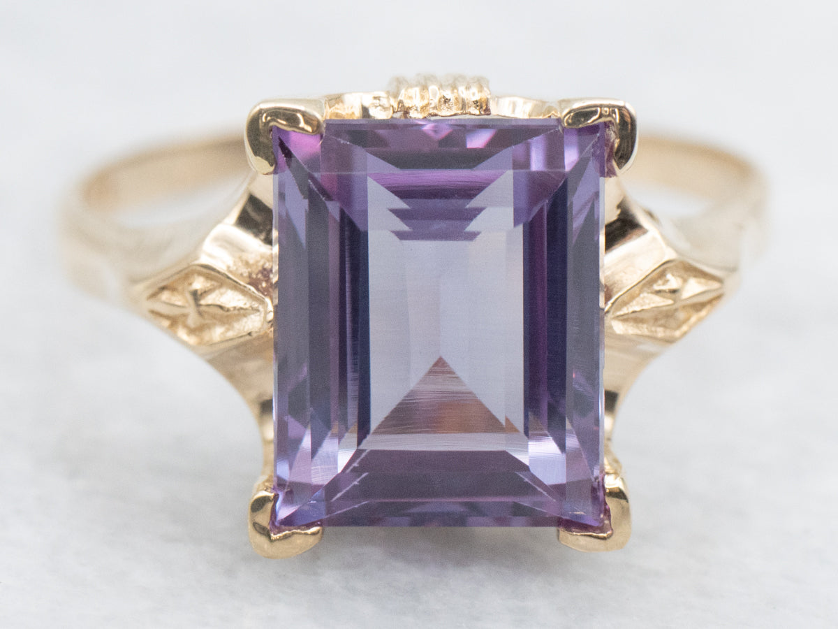 Synthetic Alexandrite Solitaire Ring in 1950s Floral Setting
