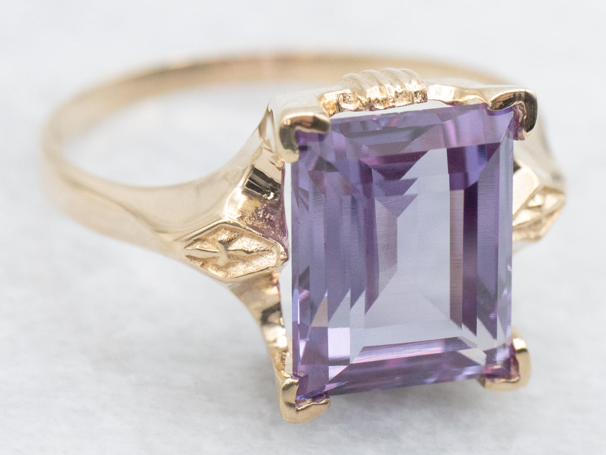 Synthetic Alexandrite Solitaire Ring in 1950s Floral Setting