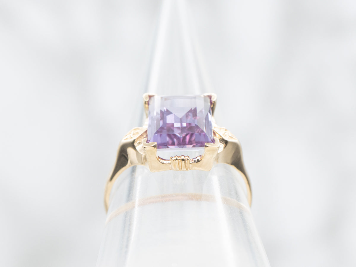 Synthetic Alexandrite Solitaire Ring in 1950s Floral Setting