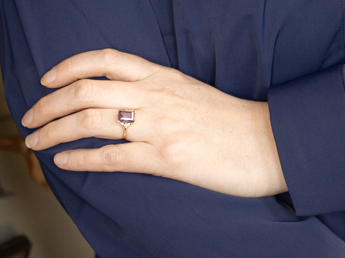 Synthetic Alexandrite Solitaire Ring in 1950s Floral Setting