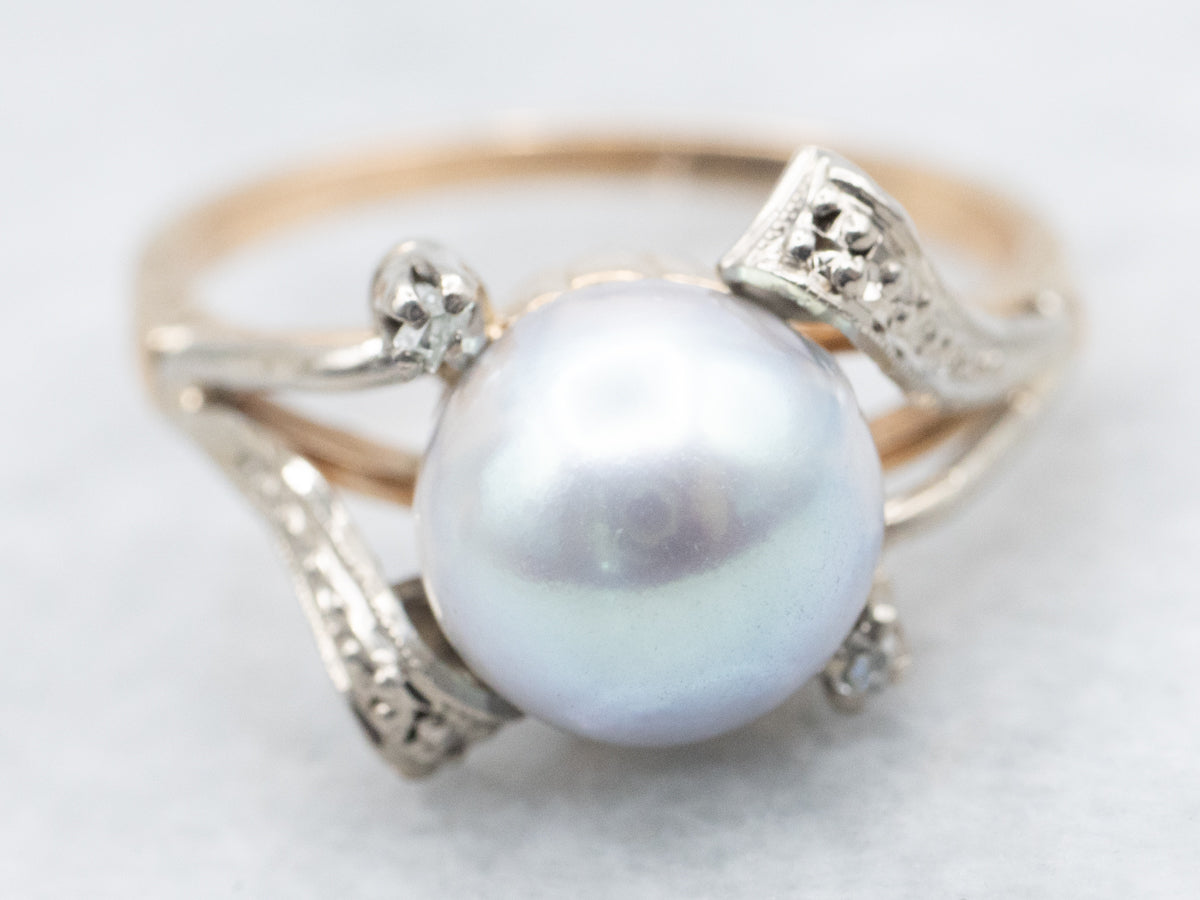 Vintage Grey Pearl and Diamond Bypass Ring