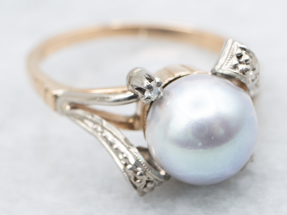 Vintage Grey Pearl and Diamond Bypass Ring