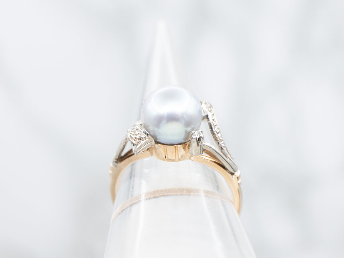Vintage Grey Pearl and Diamond Bypass Ring