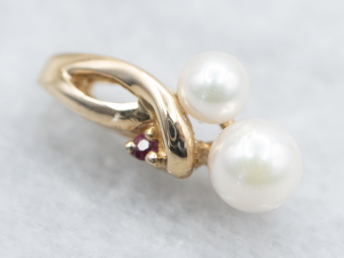Gold Looping Saltwater Pearl and Ruby Pendant