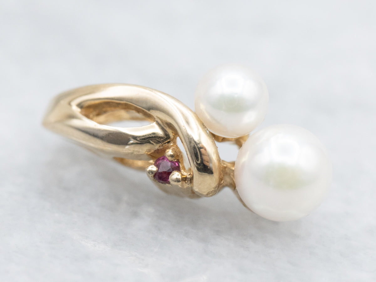 Gold Looping Saltwater Pearl and Ruby Pendant