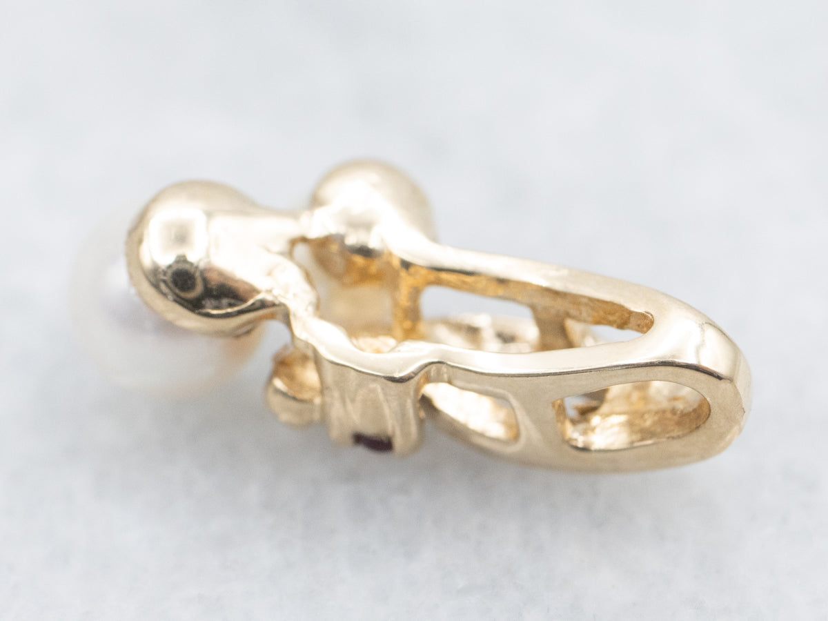 Gold Looping Saltwater Pearl and Ruby Pendant