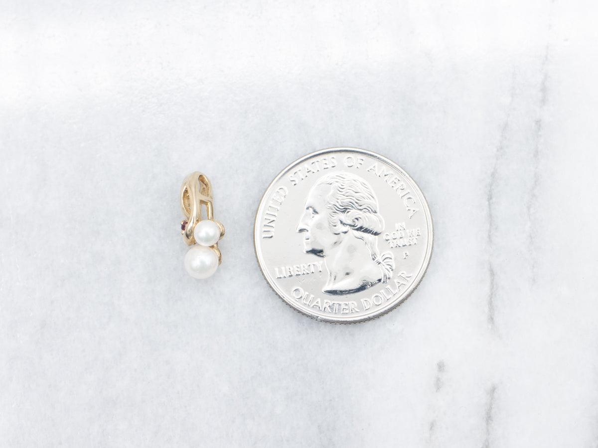 Gold Looping Saltwater Pearl and Ruby Pendant