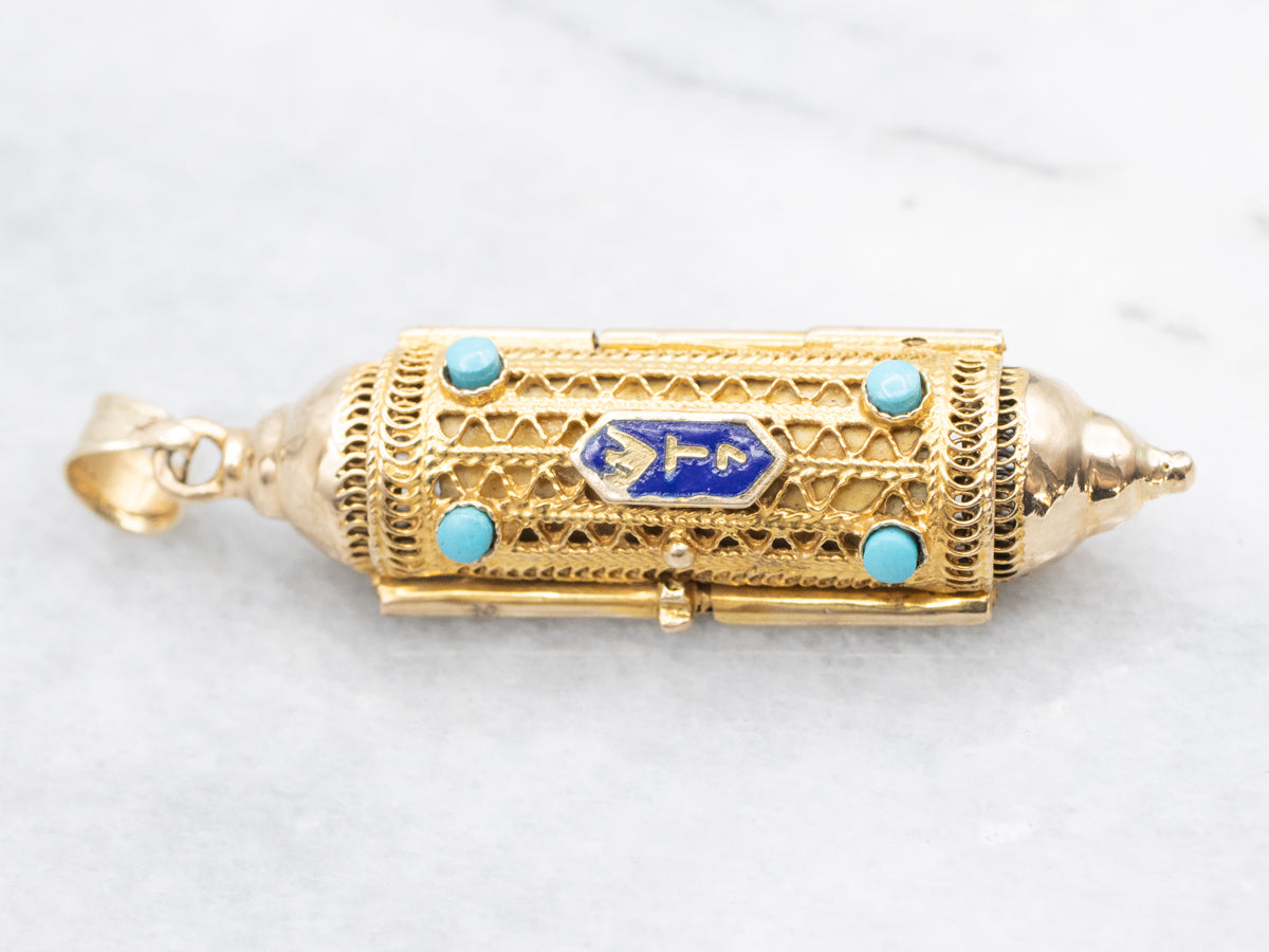 Beautiful Turquoise Enamel and Gold Mezuzah Pendant