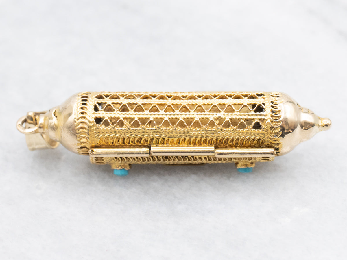 Beautiful Turquoise Enamel and Gold Mezuzah Pendant