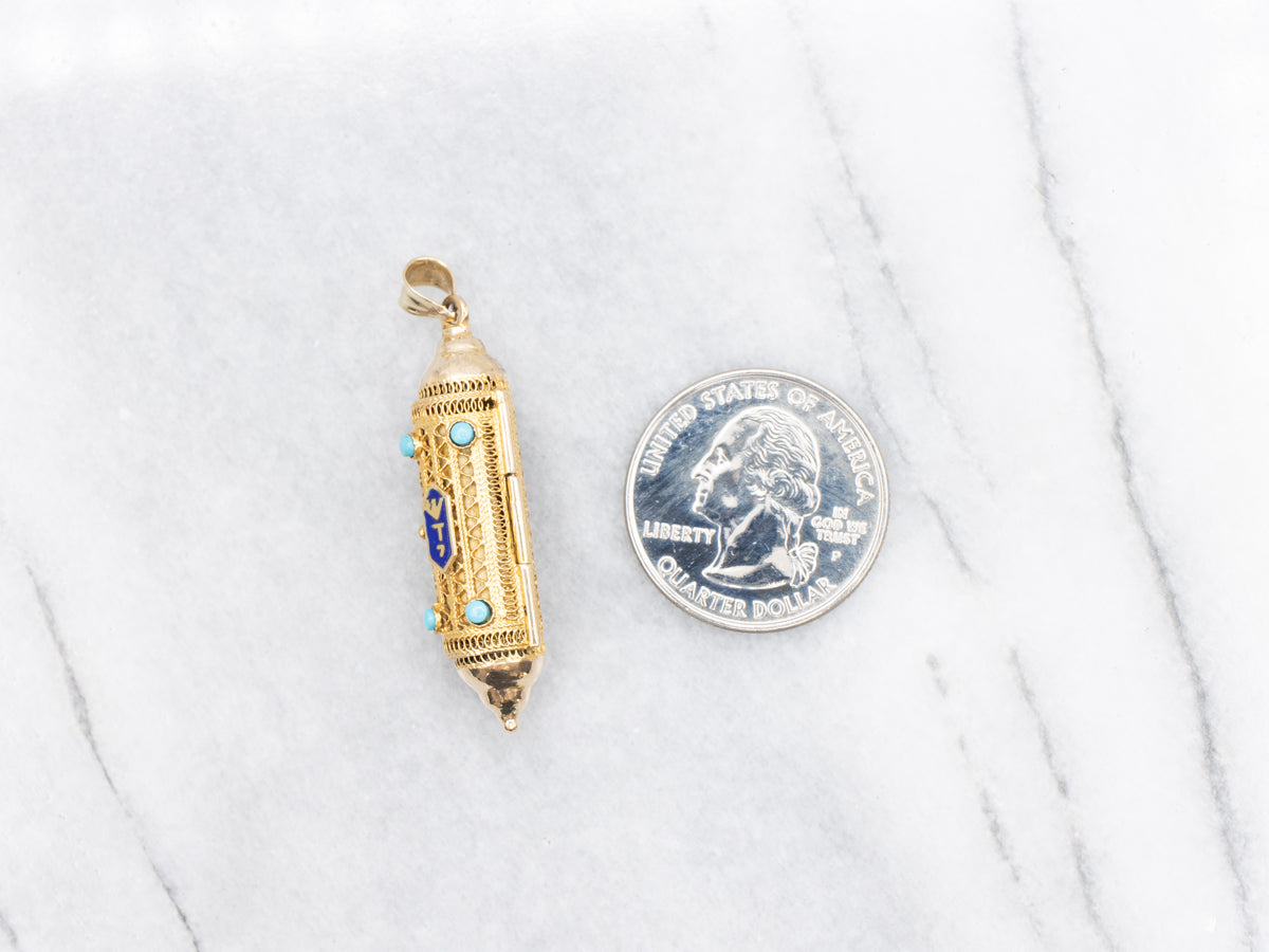 Beautiful Turquoise Enamel and Gold Mezuzah Pendant