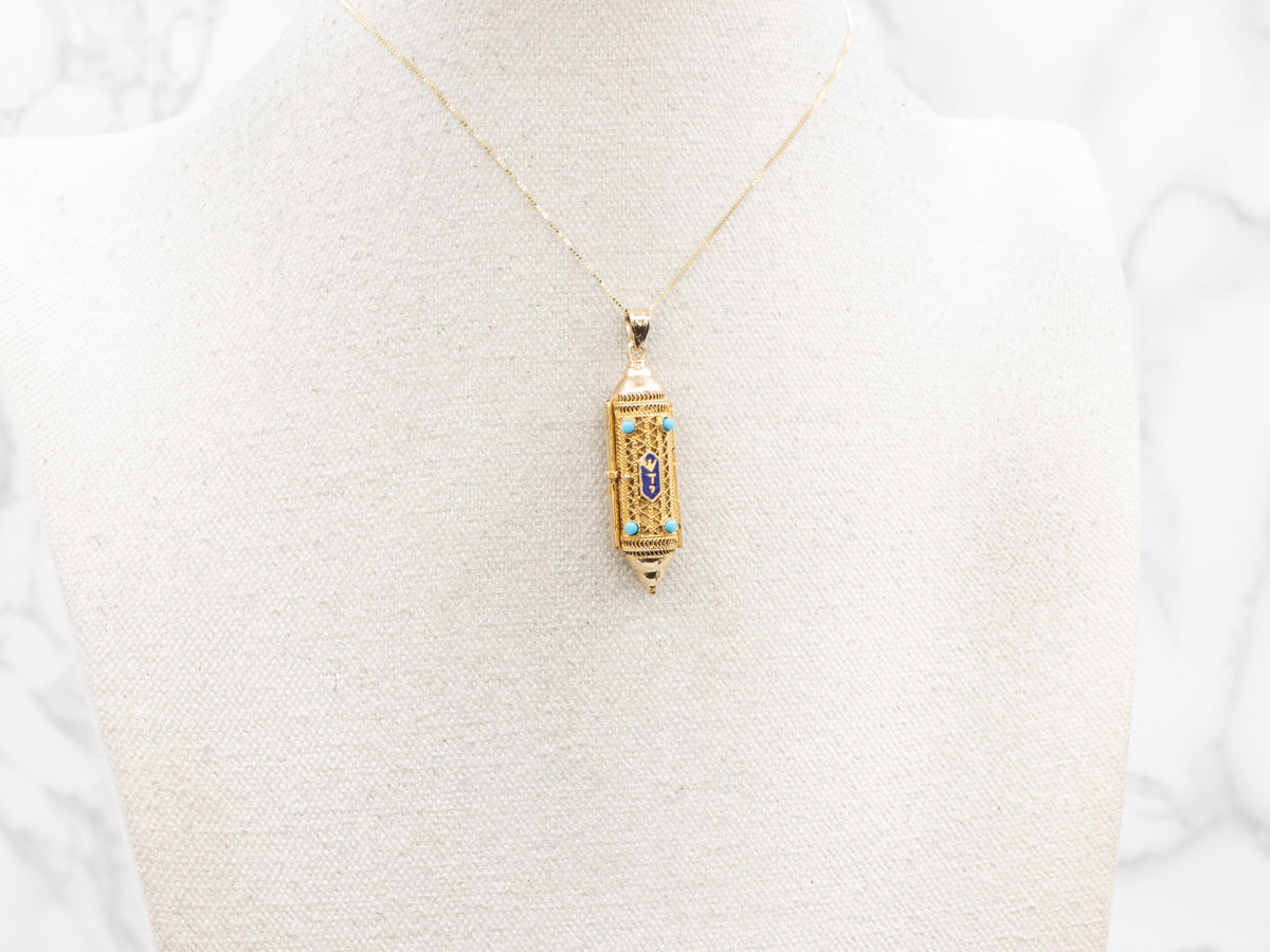 Beautiful Turquoise Enamel and Gold Mezuzah Pendant