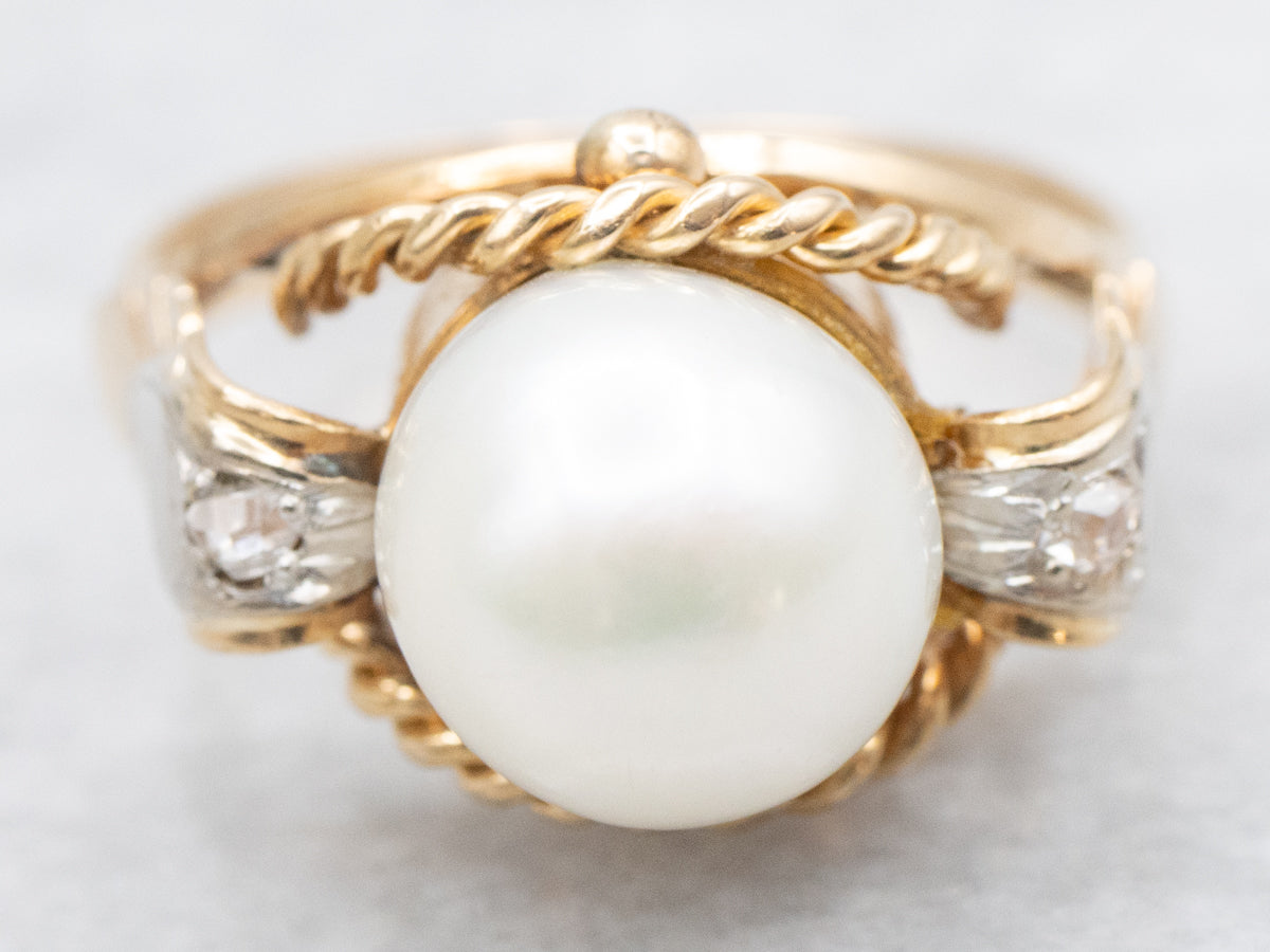 Vintage Two Tone Pearl and Rose Cut Diamond Ring