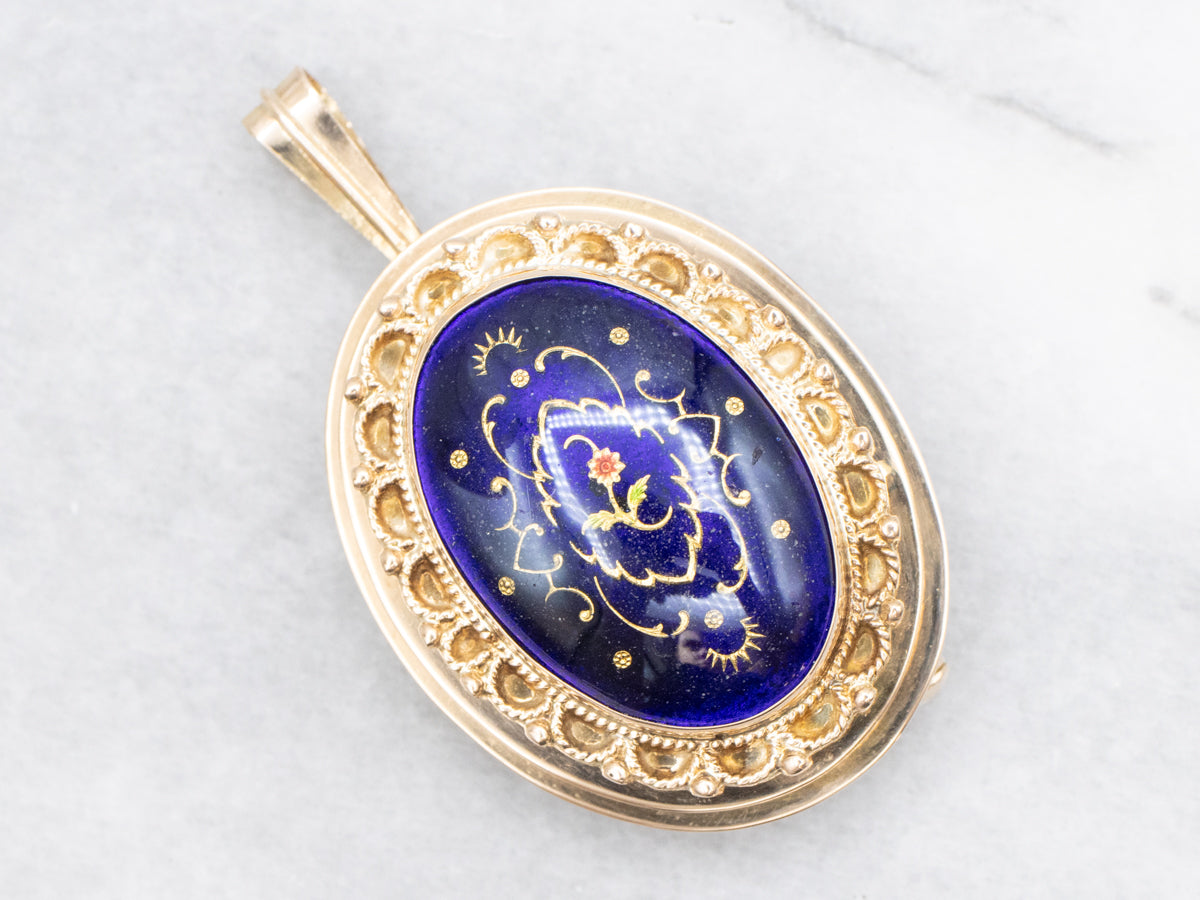 Vintage Floral Enamel Guilloche and Gold Brooch or Pendant