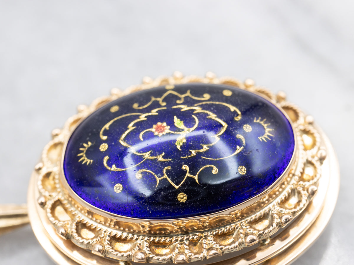 Vintage Floral Enamel Guilloche and Gold Brooch or Pendant