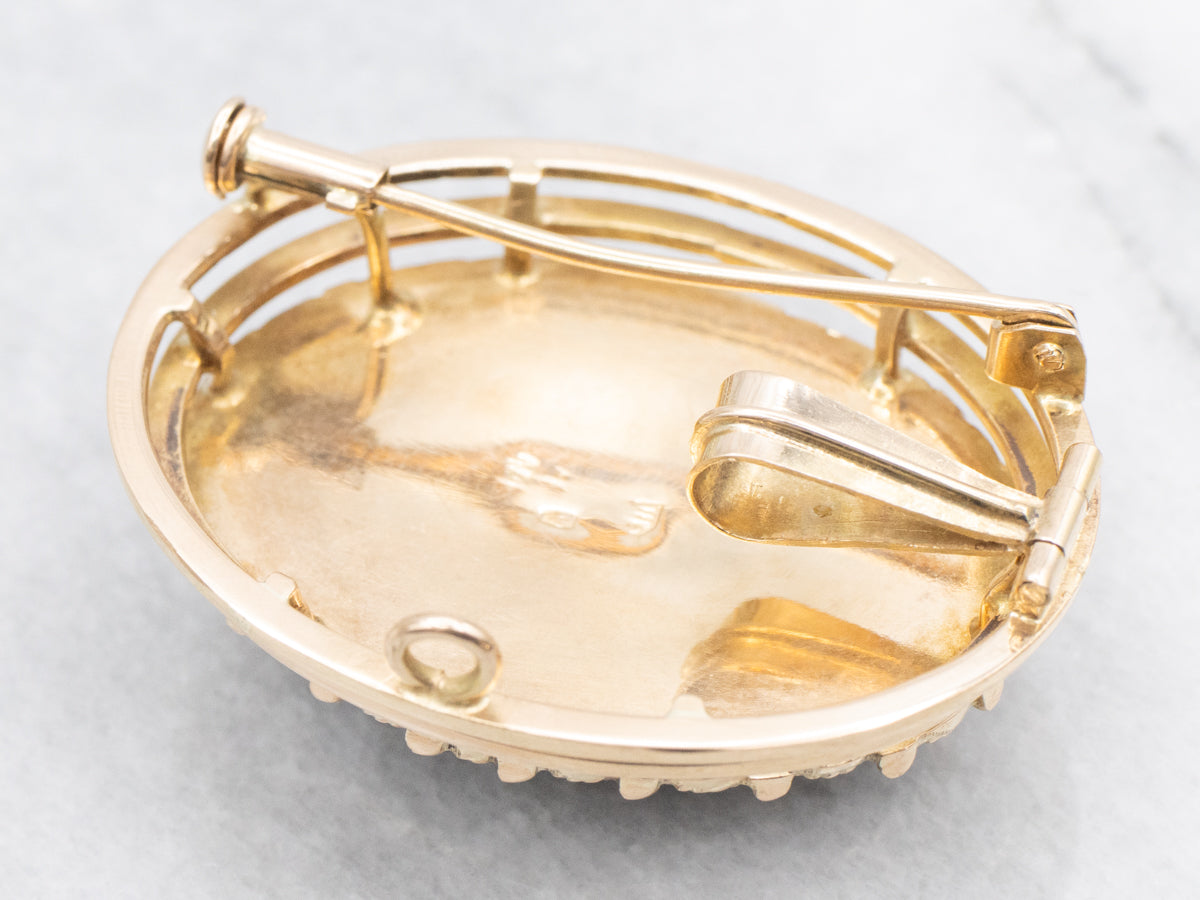 Vintage Floral Enamel Guilloche and Gold Brooch or Pendant