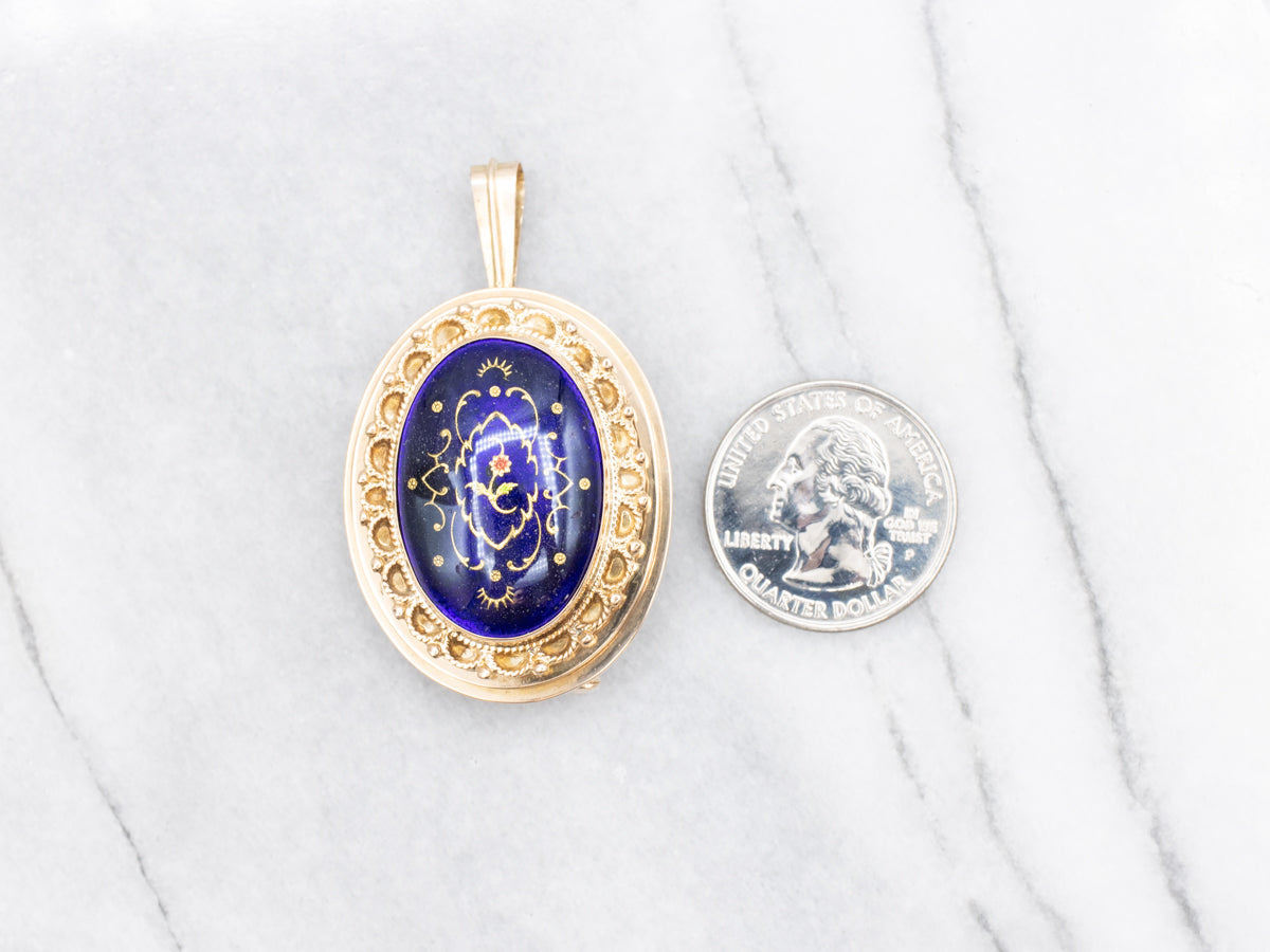 Vintage Floral Enamel Guilloche and Gold Brooch or Pendant