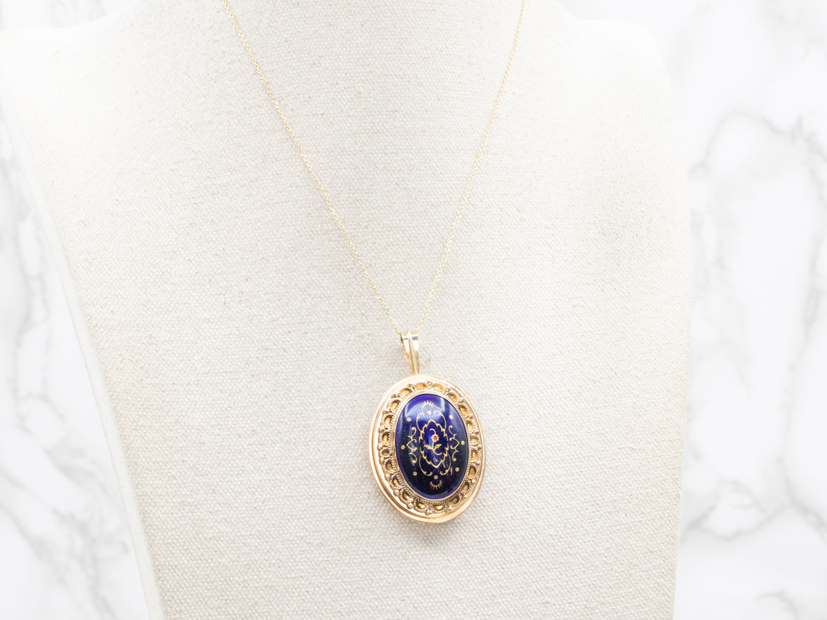 Vintage Floral Enamel Guilloche and Gold Brooch or Pendant