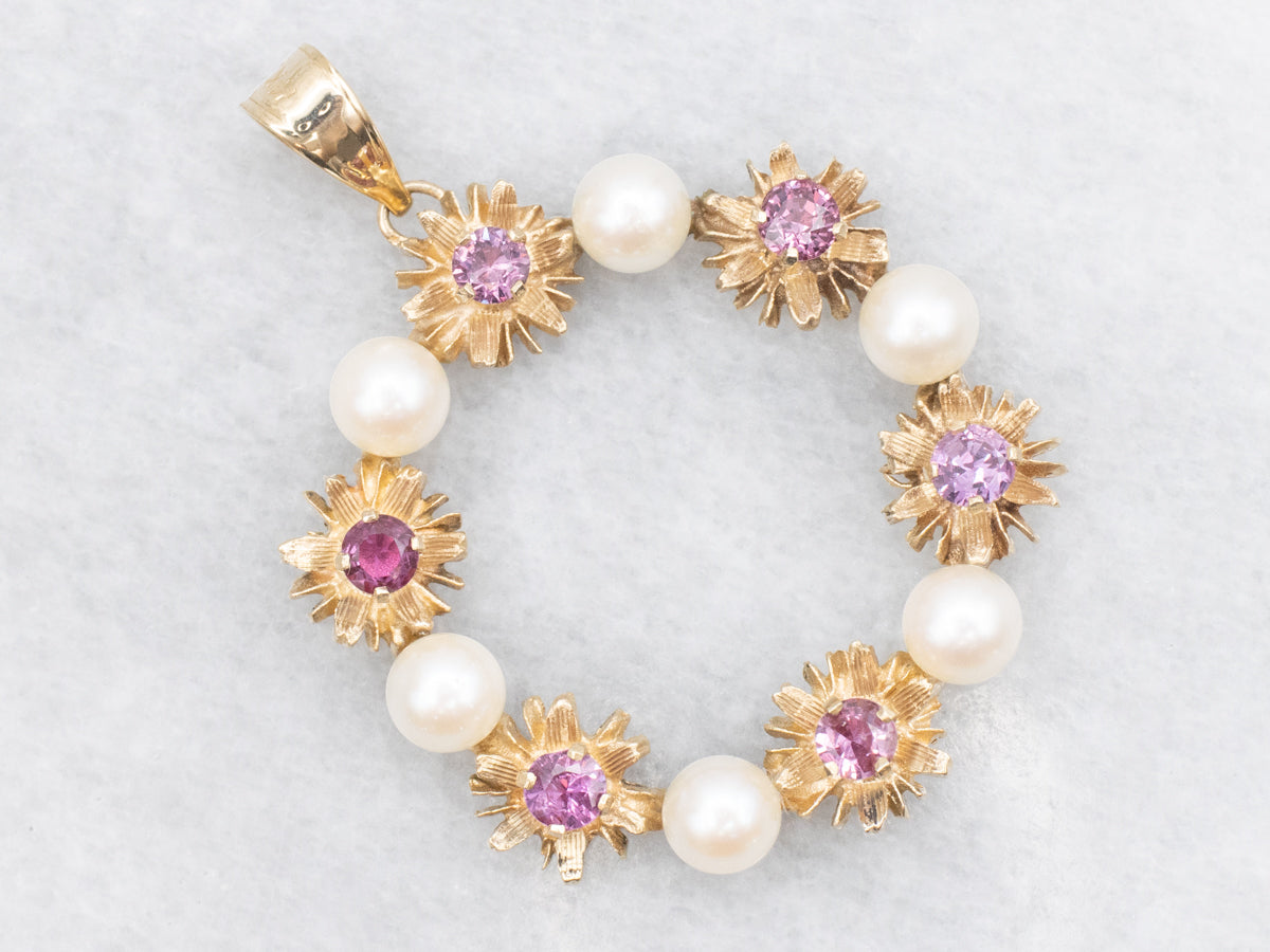 Saltwater Pearl and Ruby Floral Wreath Pendant