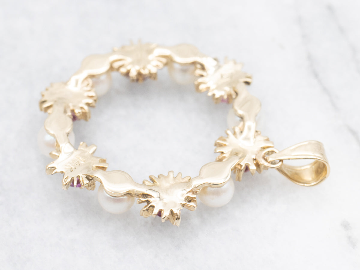 Saltwater Pearl and Ruby Floral Wreath Pendant