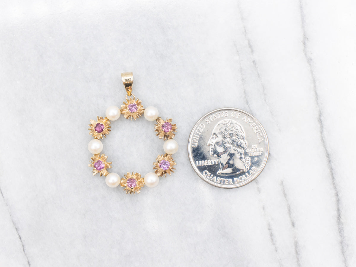 Saltwater Pearl and Ruby Floral Wreath Pendant