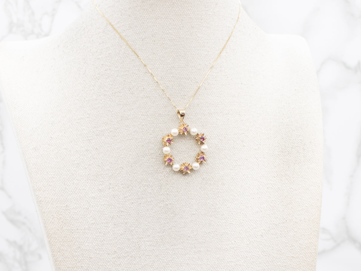 Saltwater Pearl and Ruby Floral Wreath Pendant