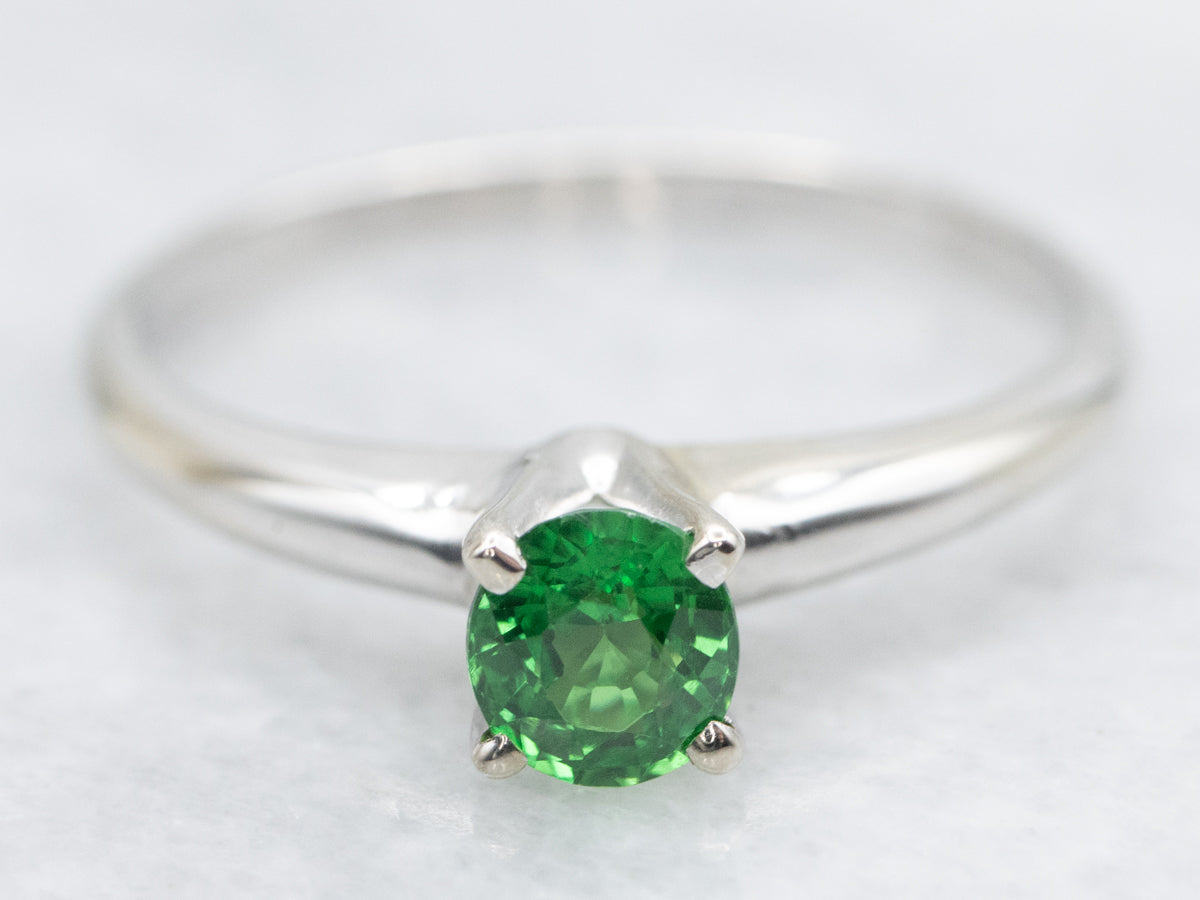 White Gold Green Tsavorite Garnet Solitaire Ring