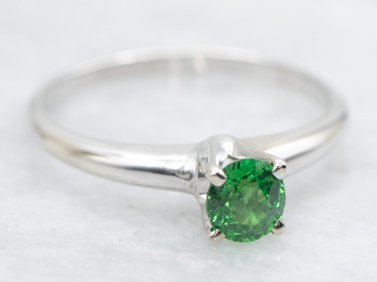 White Gold Green Tsavorite Garnet Solitaire Ring