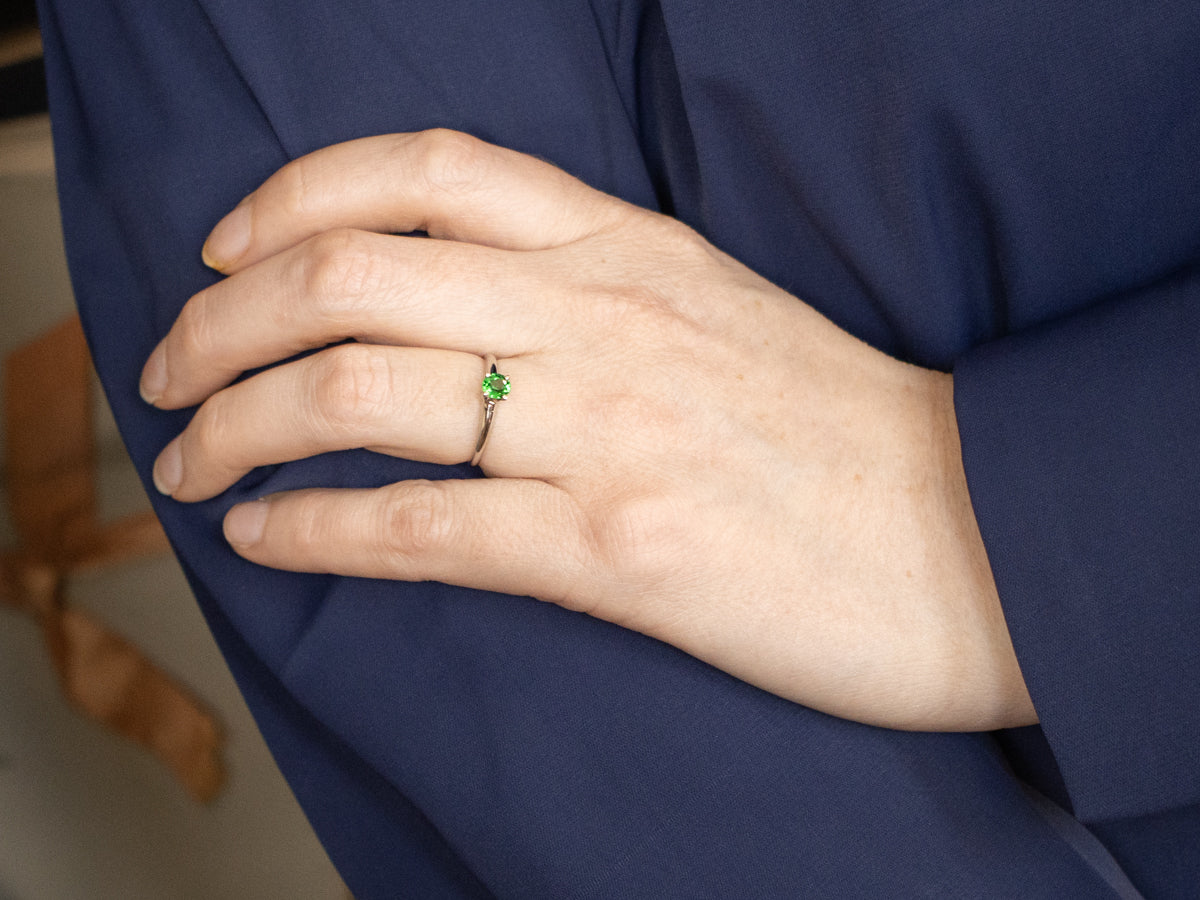 White Gold Green Tsavorite Garnet Solitaire Ring