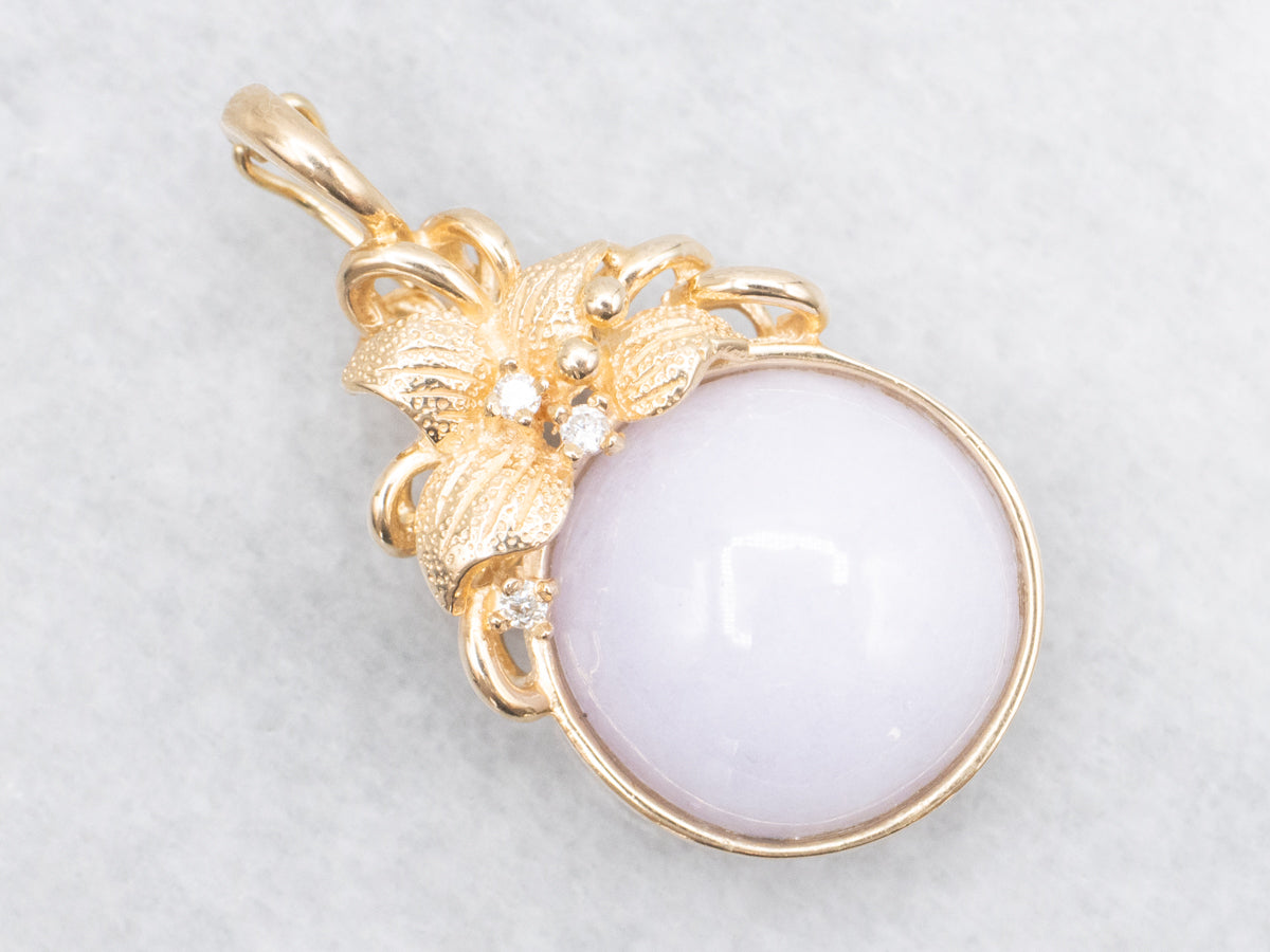 Purple Jade Cabochon and Diamond Flower Pendant