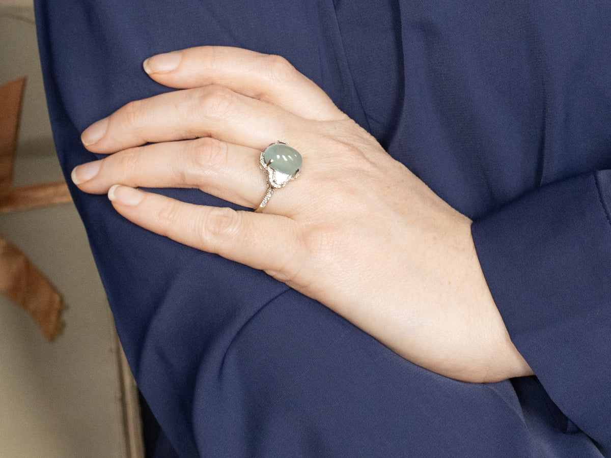 Aquamarine Cabochon and Diamond Cocktail Ring
