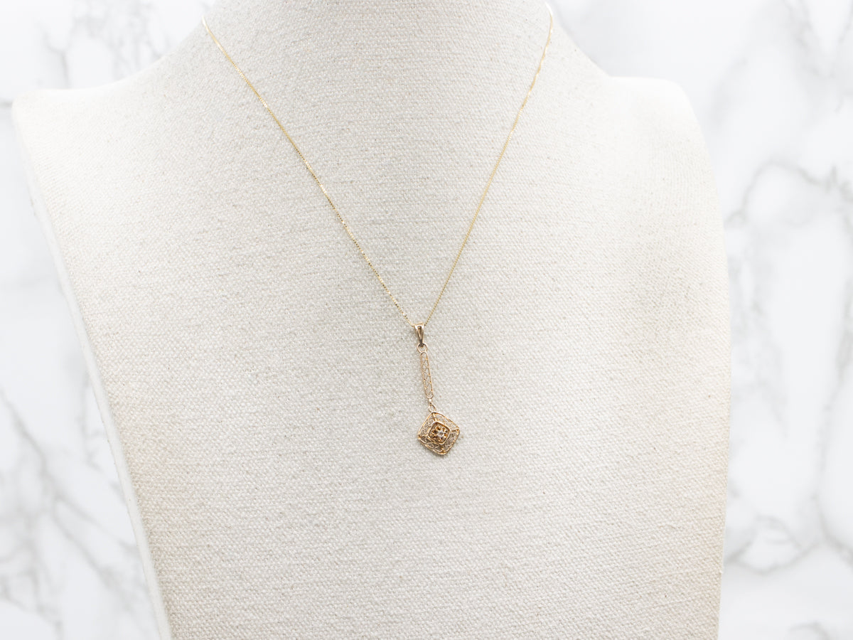 Antique Gold Old Mine Cut Diamond Lavalier Drop Pendant