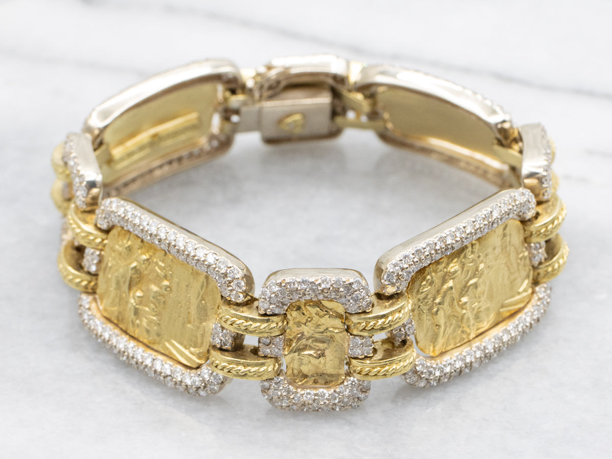 Stunning 18-Karat Gold and Diamond Grecian Reliefs Link Bracelet