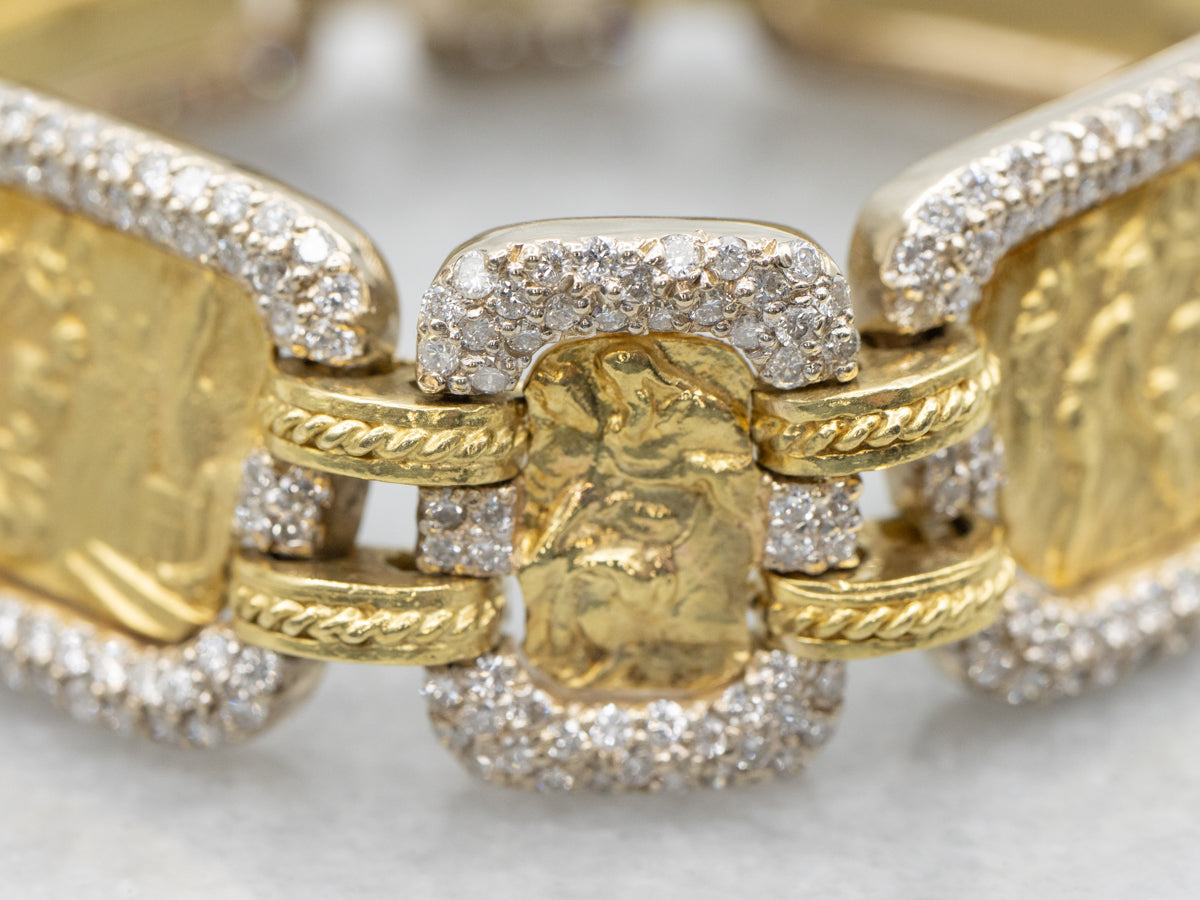 Stunning 18-Karat Gold and Diamond Grecian Reliefs Link Bracelet