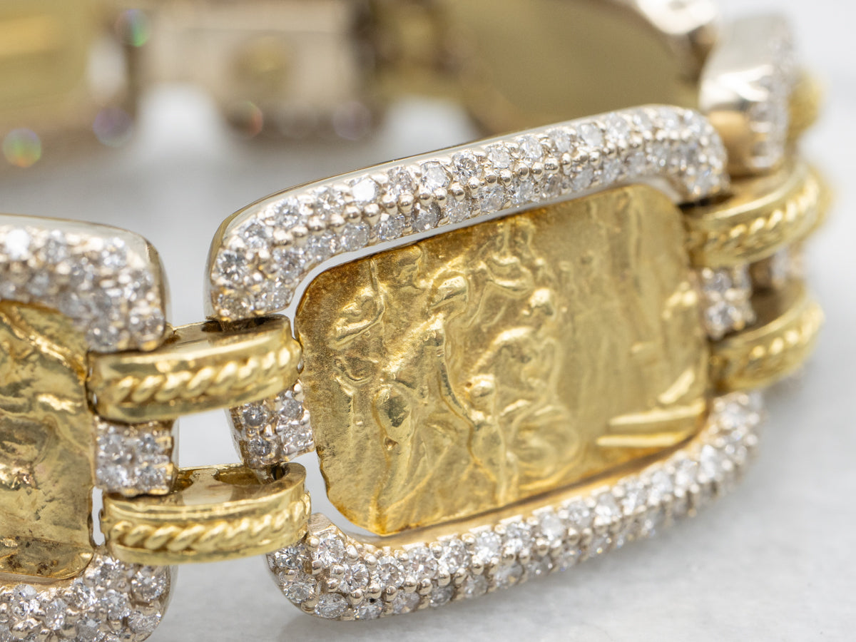 Stunning 18-Karat Gold and Diamond Grecian Reliefs Link Bracelet