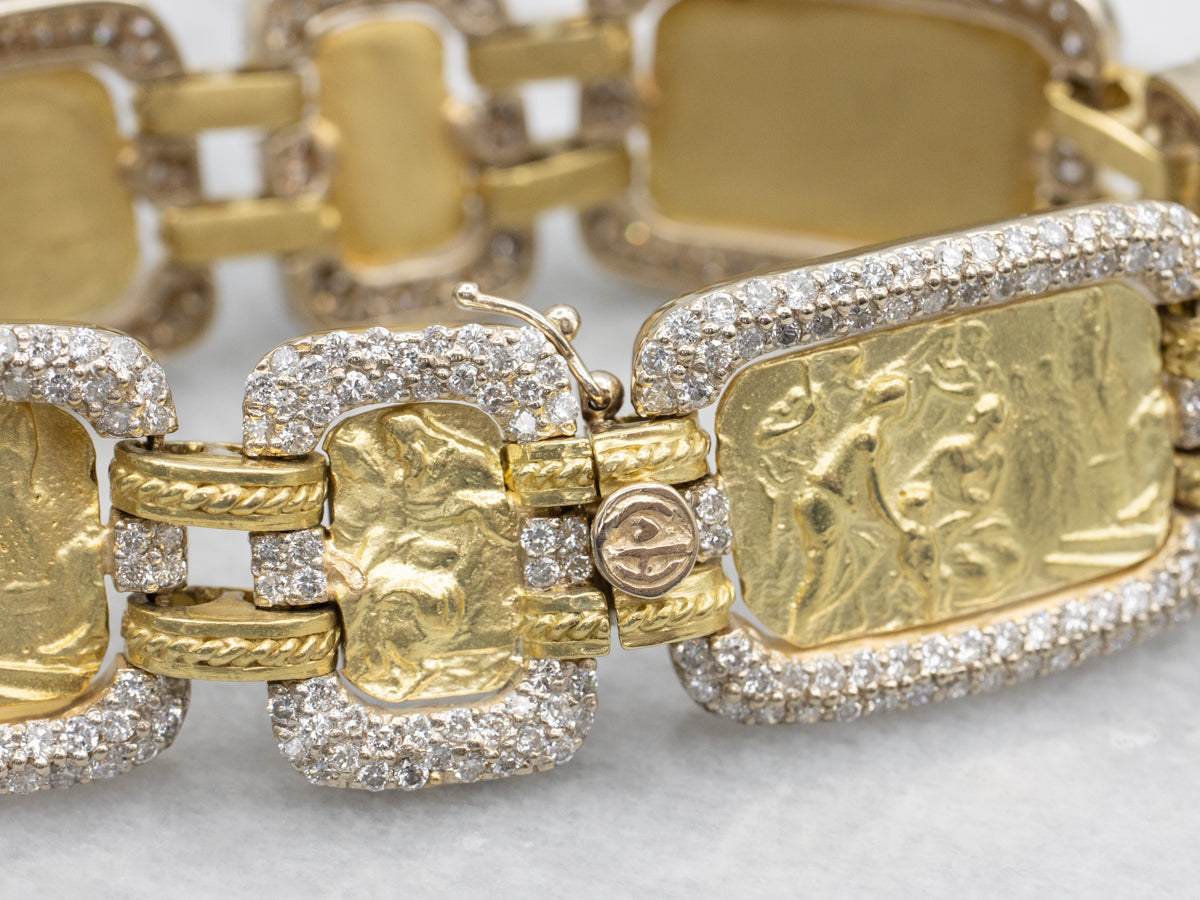 Stunning 18-Karat Gold and Diamond Grecian Reliefs Link Bracelet