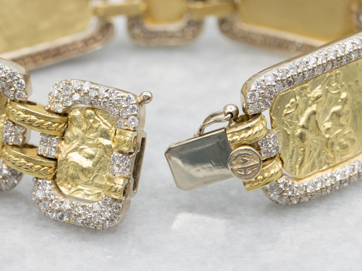 Stunning 18-Karat Gold and Diamond Grecian Reliefs Link Bracelet