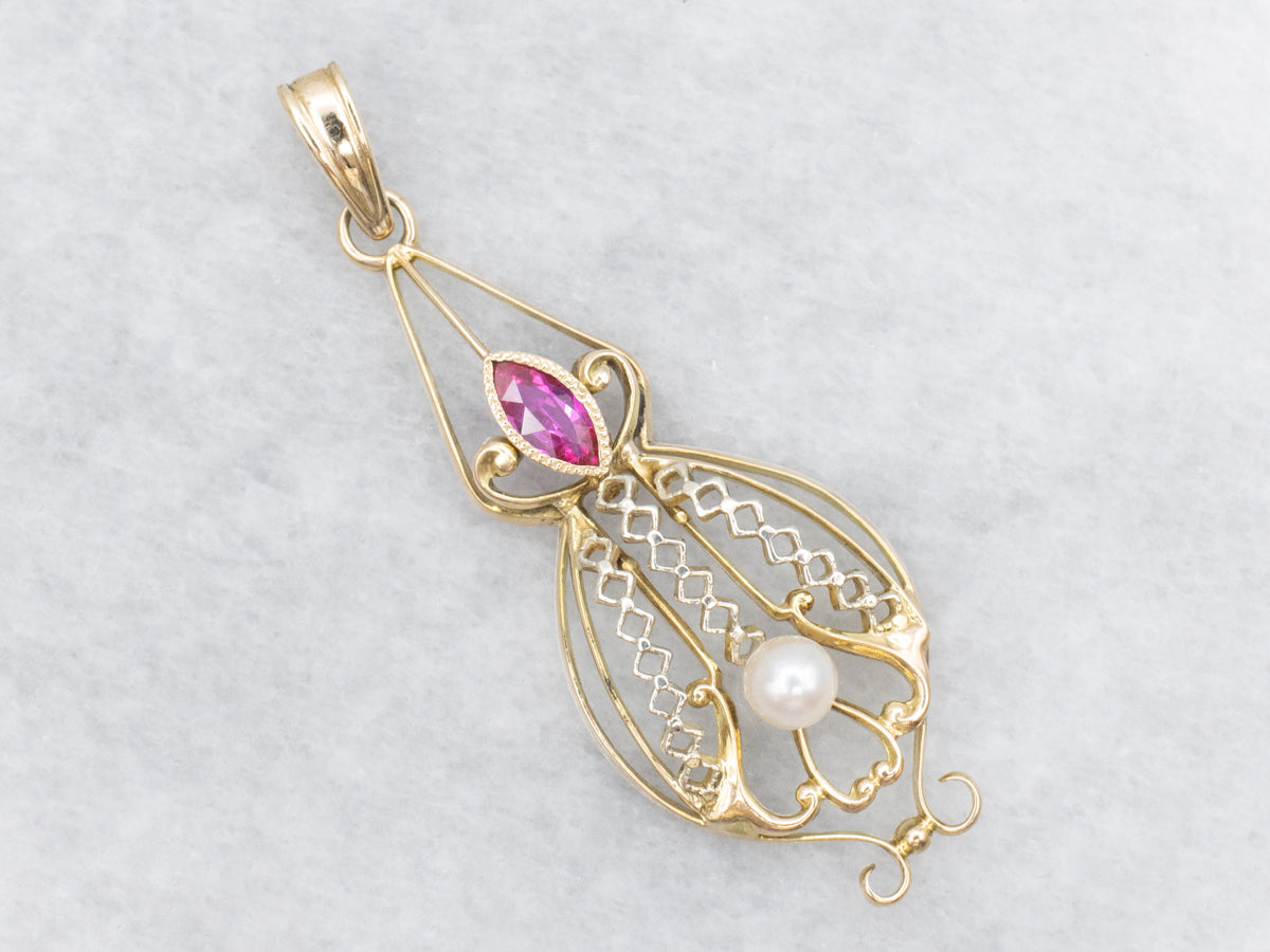 Antique Synthetic Ruby and Saltwater Pearl Lavalier Pendant