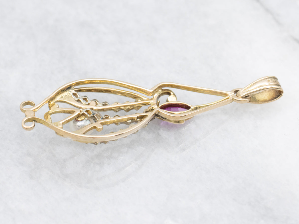 Antique Synthetic Ruby and Saltwater Pearl Lavalier Pendant
