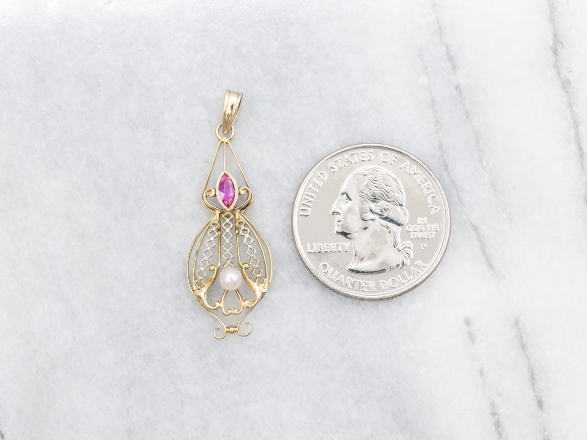 Antique Synthetic Ruby and Saltwater Pearl Lavalier Pendant