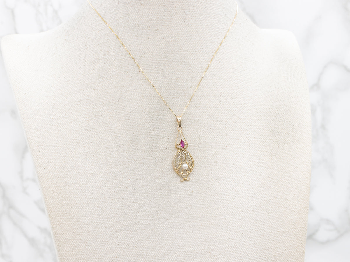 Antique Synthetic Ruby and Saltwater Pearl Lavalier Pendant